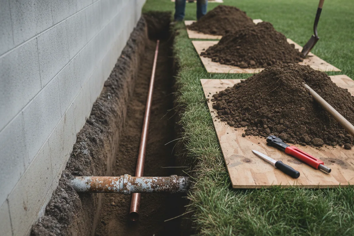 Excavated water line trench during Sewer Line Repair in Allendale